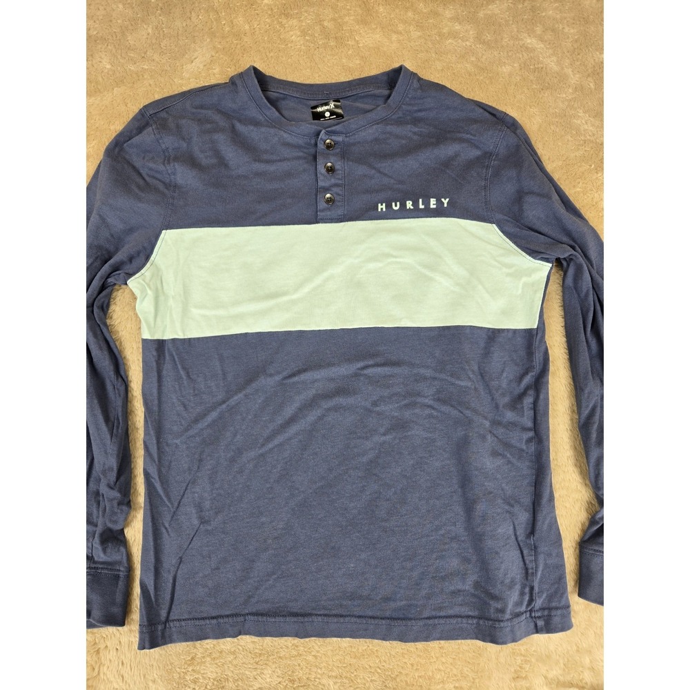 Hurley Long Sleeve Henley Shirt Men's Small Blue Stripe Button Neck Casual‎
